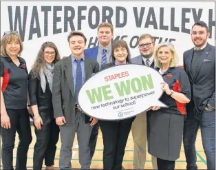  ?? SAM MCNEISH/THE TELEGRAM ?? Waterford Valley High School in St. John’s was announced as one of 10 winners of the top prize of $20,000 in the Staples and Earth Day Canada National Superpower Your School contest. On hand for the celebratio­n were (front, from left) principal Bridgett Ricketts; student council executive members Katherine Dibbon and Alan O’brien; Janet Rumsey, Staples general manager, Stavanger Drive; and teachers Michelle Hounsell and Benjamin Pollard. In back, from left, are student council executive members Aidan Warren and Liam Warren.