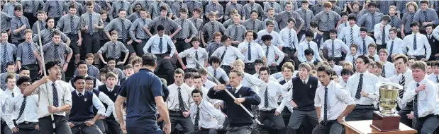  ?? PHOTO: PETER MCINTOSH ?? Special welcome . . . Otago Nuggets coach Brent Matehaere faces a haka from Otago Boys’ High School pupils as he returned to work yesterday.