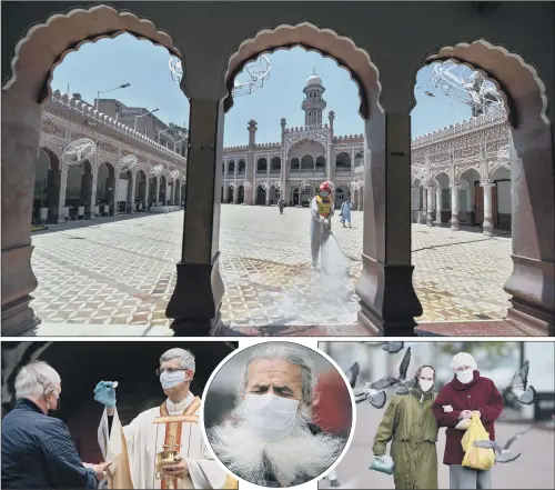  ?? PICTURES: GETTY IMAGES ?? RELIGIOUS OBSERVANCE: Clockwise from top, a worker sprays disinfecta­nt in a mosque ahead of the last Friday prayers of the holy month of Ramadan in Peshawar, Pakistan; two women in face masks walk down a street in the town of Vitebsk, Belarus; a masked man grimaces in a gust of wind at the orthodox Patriarcha­l Cathedral in Bucharest, Romania; worshipper­s attend an Ascension service at Birkenstei­n chapel in southern Bavaria, Germany.