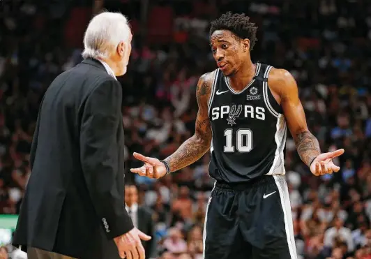  ?? Michael Reaves / Getty Images ?? Demar Derozan scored 30 points on 12-of-14 shooting, his 12th straight game with at least 20 points while shooting 50 percent or better. But he got little help.