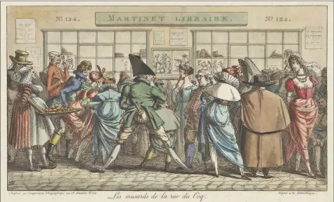  ?? YALE UNIVERSITY ART GALLERY ?? PIERRE-NOLASQUE BERGERET’S 1804 lithograph “Les musards de la rue du Coq (The Dawdlers of the Rue du Coq),” which shows people from all walks of life clamoring to see the latest political cartoons.