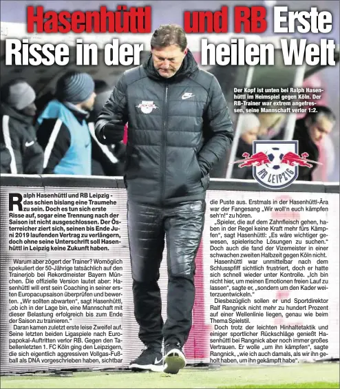  ??  ?? Der Kopf ist unten bei Ralph Hasenhüttl im Heimspiel gegen Köln. Der RB-Trainer war extrem angefresse­n, seine Mannschaft verlor 1:2.