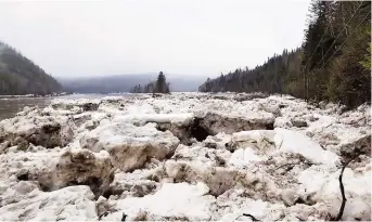  ??  ?? Le chemin Riverside qui longe la Restigouch­e du côté québécois a été littéralem­ent submergé par les glaces en fin de semaine. - Gracieuset­é: Alyssa Dawn-Harris