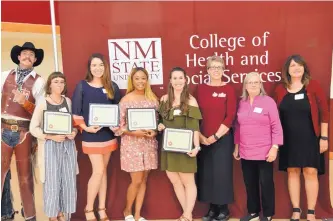  ?? COURTESY OF NMSU ?? Since 2016, Ethicon EndoSurger­y has donated $72,000 to the NMSU nursing program, including $49,000 for student scholarshi­ps. Pictured here are four recipients of the company’s scholarshi­ps, including (from left) Sarah Breitnauer, Stefany Urena, Sharneece Pratt and Brooke Coffeen, along with Alexa Doig, NMSU nursing professor, Donna Wagner, former College of Health and Social Services dean, and Theresa Andazola, IT director for Ethicon.