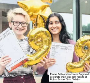  ??  ?? Emma Sellwood and Neha Bagewadi celebrate their excellent results at Bolton School Girls’ Division
