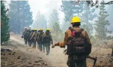  ?? AP PHOTO/JAE C. HONG ?? A crew from Tahoe Hotshots hikes along a trail in Meyers, Calif., on Friday. Fire crews took advantage of decreasing winds to battle a California wildfire near popular Lake Tahoe and were even able to allow some people back to their homes but dry weather and a weekend warming trend meant the battle was far from over.