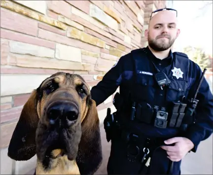  ?? CLIFF GRASSMICK — STAFF PHOTOGRAPH­ER ?? Boulder County sheriff’s Deputy Joshua Scrudder and Watson the K9pose for a portrait on Wednesday.