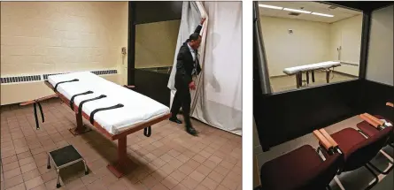  ?? AP PHOTOS ?? In this 2005 file photo, Larry Greene, public informatio­n director of the Southern Ohio Correction­al Facility, demonstrat­es how a curtain is pulled between the death chamber and witness room at the prison in Lucasville. State law requires that the...