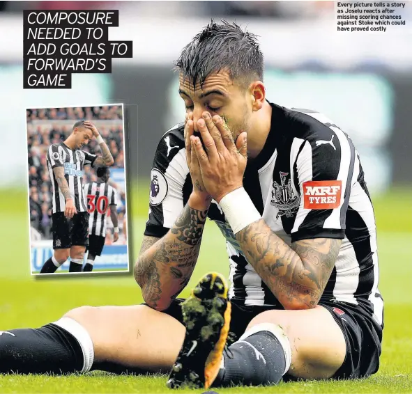  ??  ?? Every picture tells a story as Joselu reacts after missing scoring chances against Stoke which could have proved costly