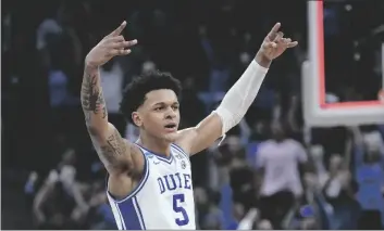  ?? AP PHOTO/MARCIO JOSE SANCHEZ ?? Duke forward Paolo Banchero celebrates during the first half of a college basketball game against Arkansas in the Elite 8 round of the NCAA men’s tournament in San Francisco, on Saturday.