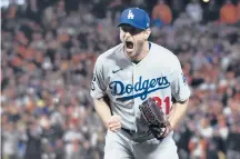  ?? SKALIJ/LOS ANGELES TIMES WALLY ?? Dodgers pitcher Max Scherzer reacts after striking out the Giants’ Wilmer Flores to end Game 5 of the NLDS on Thursday.