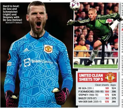  ?? REX/GETTY IMAGES ?? Hard to beat: De Gea and Schmeichel (right) and Stepney with De Gea (below)