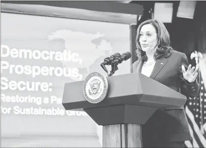  ??  ?? ▲ Kamala Harris, vicepresid­enta de Estados Unidos, ayer en la Conferenci­a Anual de Washington sobre las Américas. Foto Ap