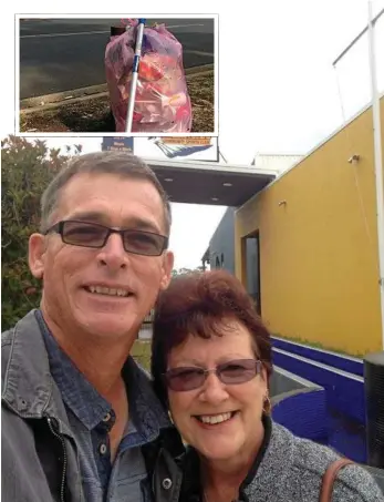  ?? PHOTOS: CONTRIBUTE­D ?? WAR ON LITTER: Highfields resident Bill Kelly, with his wife Karen, spends his free time cleaning up his local area and key spots around Toowoomba. INSET: some of the rubbish he finds.