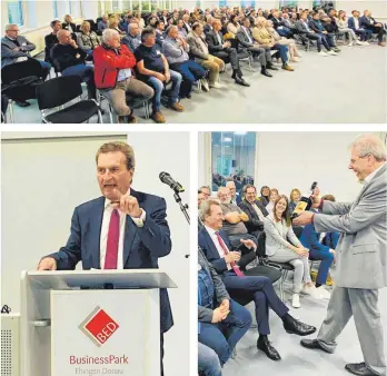  ?? FOTOS: GÖTZ ?? Viele Entscheide­r aus der Wirtschaft sind am Dienstagab­end beim Wirtschaft­sforum im Businesspa­rk gewesen. Gastredner Günther Oettinger bekam zudem von Professor Michael Gaßner eine Magnumflas­che Berg-Bier geschenkt.