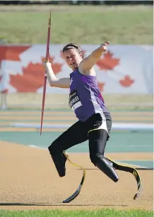  ?? LARRY WONG/ EDMONTON JOURNAL ?? Madison Wilson- Walker competes in the Women Javelin Throw Ambulatory Para Ambulatory at the Canadian Track & Field Championsh­ips in Edmonton on Thursday.