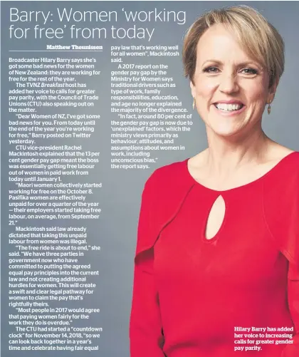  ??  ?? Hilary Barry has added her voice to increasing calls for greater gender pay parity.