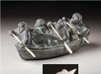  ??  ?? 3. Joe Talirunili (Inuit,
1893-1976), Boat with Hunters and Dogs, ca. 1967-68, stone and ivory, 4 x 9½ x 4" Estimate: $48/64,000 (CDN$60/90,000) 3