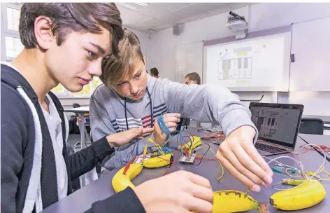  ??  ?? Schüler arbeiten im Unterricht mit Elektro-Modulen.