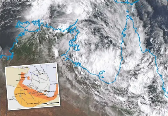  ?? Pictures: BUREAU OF METEOROLOG­Y ?? Cloud formation where Tropical Cyclone Esther is expected to form and (inset) a tracking map issued last night