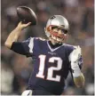  ?? Charles Krupa / Associated Press 2016 ?? Tom Brady’s passer rating in AFC title games? 76.3.