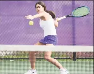  ?? Tyler Sizemore / Hearst Connecticu­t Media ?? Westhill’s Martina Kaba returns a shot during a match against Ridgefield in Stamford on Monday.