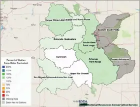  ?? USDA GRAPHIC ?? Map shows above-average snowpack for the upper elevations of the South Platte Basin.