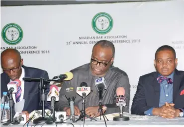  ??  ?? From left: First Vice President NBA, Mr. Francis Ekwere; President of the Associatio­n, Augustine Alegeh and the General Secretary, Afam Osigwe during the closing ceremony of the annual general conference on Nigeria Bar Associatio­n press conference held...