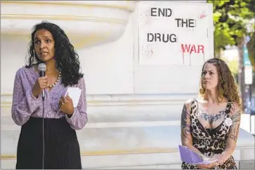  ?? Irfan Khan Los Angeles Times ?? CITY COUNCILMEM­BER Nithya Raman, left, and activist Soma Snakeoil attend a rally Aug. 31, Internatio­nal Overdose Awareness Day, a week after Gov. Gavin Newsom vetoed a bill to provide safe injection sites.