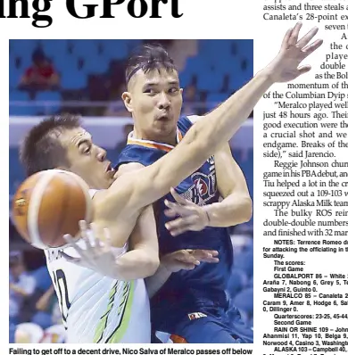  ?? JOEY MENDOZA ?? Failing to get off to a decent drive, Nico Salva of Meralco passes off below the arm of Sean Anthony of GlobalPort during their PBA Commission­er’s Cup game at the Smart Aranerta Coliseum.