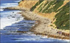  ??  ?? In this Sunday photo, waves roll onto boulders at the foot of a sea cliff near Royal Palms Beach in the San Pedro area of Los Angeles. AP PHOTO