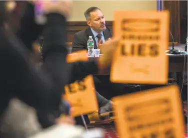  ?? Hiroko Masuike / New York Times ?? Brian Huseman, Amazon’s vice president of public policy, appears at a January hearing in New York City Hall. Amazon, Apple, Facebook and Google are facing the growing possibilit­y of antitrust action.