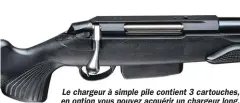  ??  ?? Le chargeur à simple pile contient 3 cartouches, en option vous pouvez acquérir un chargeur long, 5 ou 6 cartouches, qui déborde légèrement sous l’arme.