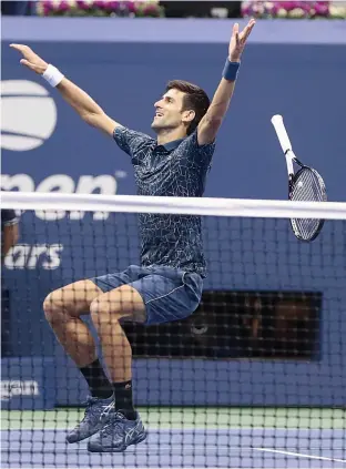  ?? AP ?? Novak Djokovic of Serbia celebrates after defeating Juan Martin del Potro of Argentina in the men’s final in New York on Sunday. Djokovic won 6- 3, 7- 6 ( 7/ 4), 6- 3. —