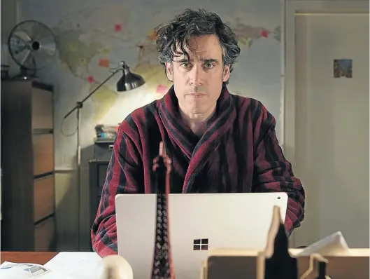  ??  ?? Bigamist Andrew (Stephen Mangan) shows the harrowing stress of running two wives and families in the comedy series ’Bliss’.