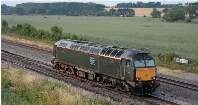  ?? DARREN WETHERALL. ?? Great Western Railway 57604 passes Harrowden Junction on the Midland Main Line, advertisin­g the Old Oak Common open day on September 2. The ‘57/6’ was on its way to LORAM’s Derby workshops for a repaint, and it is hoped it will be present at the event.