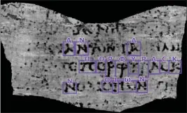  ?? THE NEW YORK TIMES ?? In an undated image provided by Vesuvius Challenge, the characters “porphyras,” ancient Greek for “purple,” were extracted from a Herculaneu­m scroll carbonized by the eruption of Mount Vesuvius in A.D. 79.