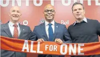  ?? NEIL DAVIDSON THE CANADIAN PRESS ?? Toronto FC president Bill Manning, left, new general manager Ali Curtis and head coach Greg Vanney will be getting to work quickly, as the MLS SuperDraft takes place next week.