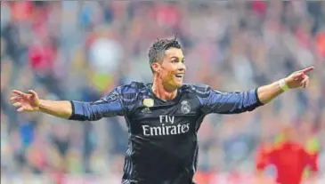  ?? AFP ?? Real Madrid's Cristiano Ronaldo celebrates after scoring during the Champions League first leg quarterfin­al match against Bayern Munich in Munich on Wednesday.