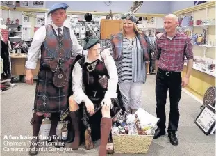  ??  ?? A fundraiser fling Tom Chalmers, Provost Lorraine Cameron and artist Gary Byars