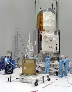 ??  ?? Crews clean the Aeolus satellite to make sure it’s free of dust particles. A Vega rocket (opposite) brought the satellite to orbit.