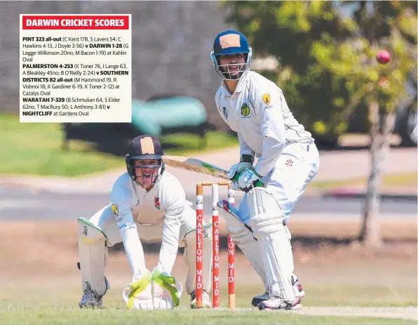  ?? Picture: FELICITY ELLIOTT ?? Chris Kent of PINT on his way to a big century in the Darwin Premier Grade cricket Round 14 match against Darwin at Kahlin Oval yesterday