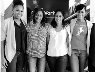  ??  ?? From left: Alex-Ann Stewart, project assistant; Tricia Tucker, assistant manager, finance &amp; compliance; Cathy Goodall, John Maxwell coach; and Jamaica’s own PR Chick Naomi Garrick stop to pose after a coaching session at CoWork JA on Internatio­nal Women’s Day.