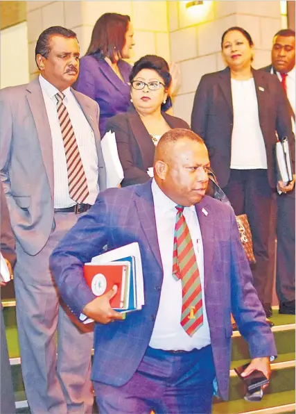  ?? Picture: JOVESA NAISUA ?? Leader of Government in Parliament Inia Seruiratu (front) followed by (second row) Minister for Employment Parveen Kumar, Assistant Minister for Women Veena Bhatnagar, Minister for Local Government Premila Kumar and Minister for Education Rosy Akbar during the COVID-19 supplement­ary budget discussion on Thursday night in Suva.