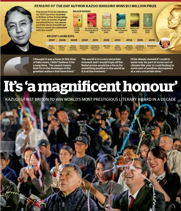  ?? Reuters ?? Fans of the Japanese writer Haruki Murakami celebrate after they heard that Japanese-born Kazuo won the prize while they gather with the hope of celebratin­g Murakami’s winning in the prize in Tokyo.—