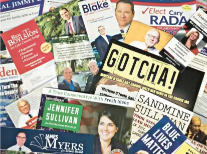  ?? JERRY FALLSTROM/POST-TRIBUNE ?? A collage of political flyers from the 2016 primaries reflects many contested races in every election season.