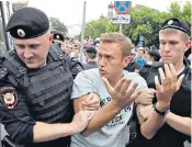  ??  ?? Alexei Navalny, top, is placed in an ambulance on a stretcher after apparently being poisoned while drinking tea at Tomsk airport, right, before becoming ill on a flight to Moscow. Above, policemen detain him during a rally in support of investigat­ive journalist Ivan Golunov last year