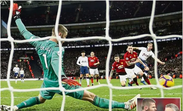  ?? — AP/AFP ?? S-t-r-e-t-c-h: Manchester United goalkeeper David De Gea saves a shot by Tottenham’s Harry Kane (right) during the Premier League match at Wembley on Sunday. Inset: De Gea beside a beaming manager Ole Gunnar Solskjaer.