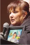  ?? GREG SORBER/ JOURNAL ?? Sylvia Marquez, aunt of Omaree Varela, talks at the Angel Tree Lighting on Civic Plaza in 2016. She is among those pushing for a new Civil Rights Act, which might have applied to a lawsuit on behalf of her nephew’s estate.