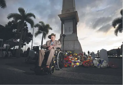  ?? Picture: BRENDAN RADKE ?? TRIBUTE: Cairns WWII veteran and former Australian Infantry Battalion gunner David Bradley, 94, never missed the Anzac Day dawn service in Cairns. True to form, he turned out with his family at the Cairns Esplanade on April 25 last year.